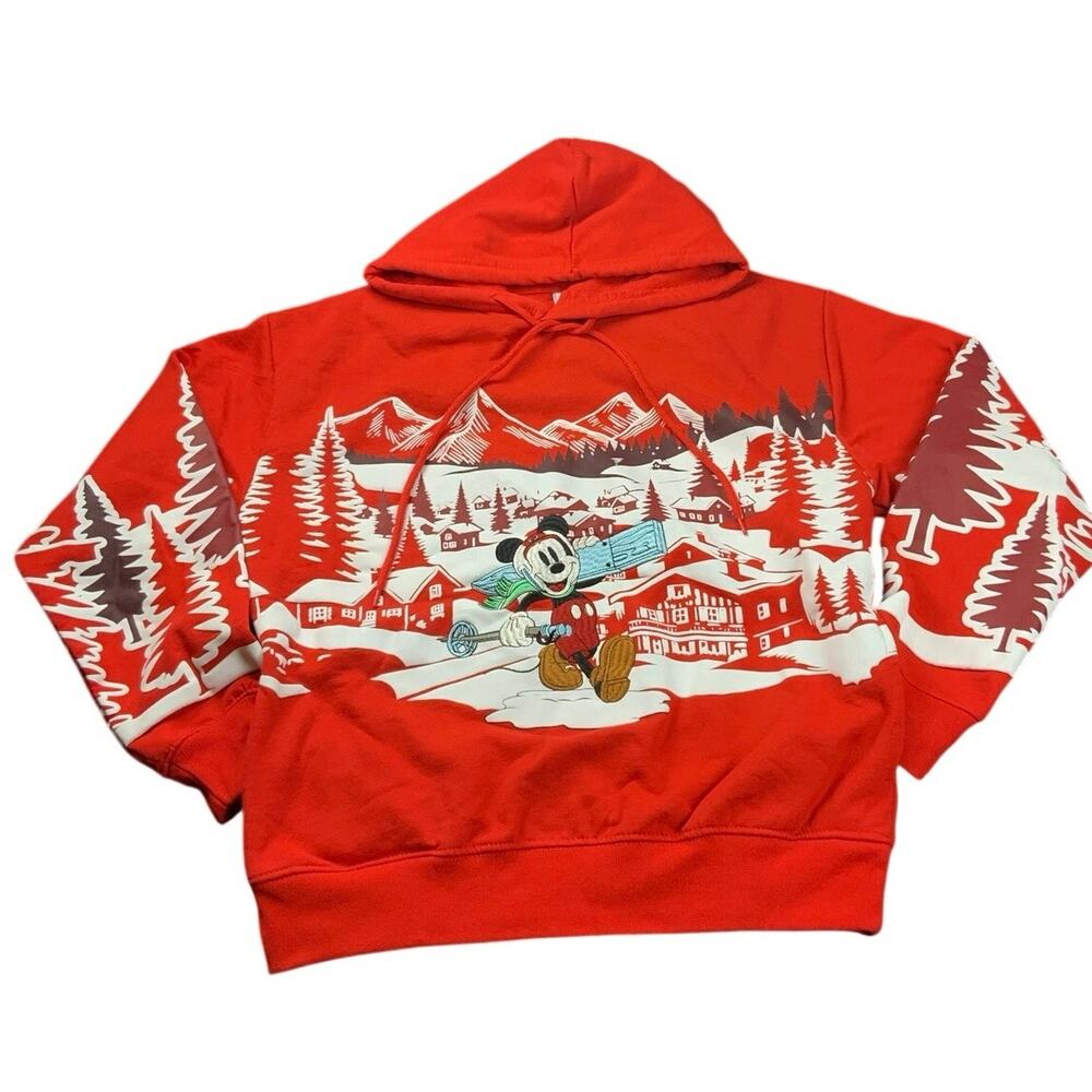 Disney Mickey Mouse Skiing Hoodie Medium Red Winter Ski Lodge Pullover Pockets